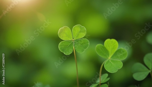Four leaf clover bringing good luck on a green blurred background. St.Patrick 's Day © Andrey