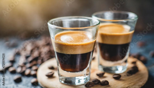 steaming espresso shot in a crystal-clear glass, capturing the rich aroma and inviting warmth of freshly brewed coffee