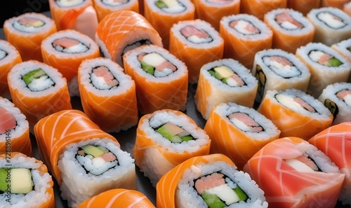 Sushi set, rolls, Sushi with seafood, rice, salmon, a dish of traditional Japanese cuisine
