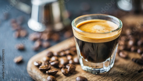 Fotografia steaming espresso shot in a crystal-clear glass, capturing the rich aroma and in
