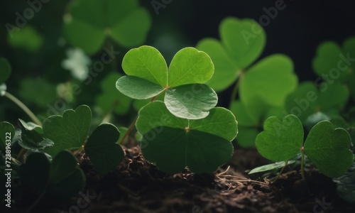 Sunlit Clover Leaf in a Forest. St.Patrick 's Day