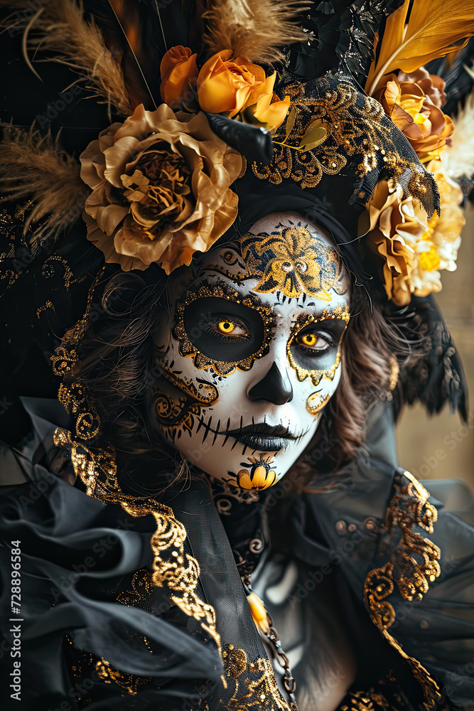 beautiful woman dressed for Mexican Day of the Dead.