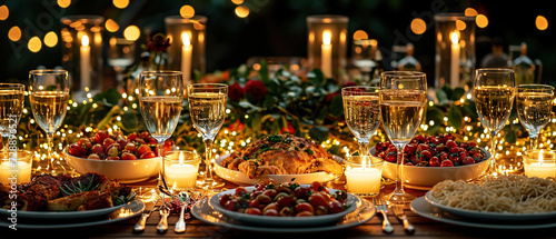 candles are lit on a table with a variety of food and drinks
