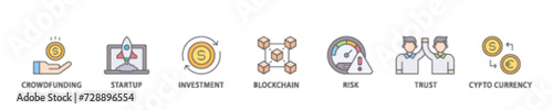 ICO icon set flow process illustrationwhich consists of crowdfunding, startup, investment, blockchain, risk, trust and cypto currency icon live stroke and easy to edit 