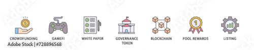 IGO icon set flow process illustrationwhich consists of crowdfunding, gamefi, white paper, governance token, blockchain, pool rewards and listing icon live stroke and easy to edit 