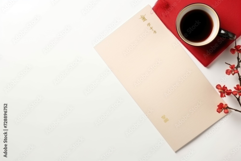 Chinese envelope with tea cup on white background, happy Chinese New Year, top view, copy space Chinese envelope with tea cup on white background, happy Chinese New Year, top view, copy space