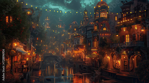 illustration of fantasy city for Mexican Day of the Dead.