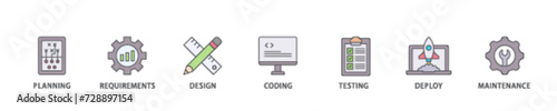Software development icon set flow process illustrationwhich consists of planning, requirements, design, coding, testing, deploy and maintenance icon live stroke and easy to edit 