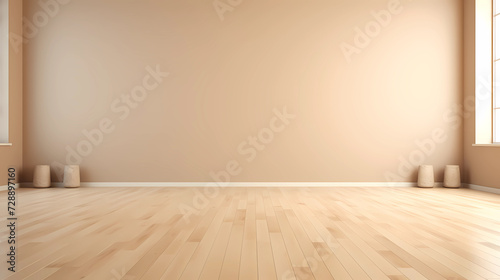 Empty brown cement wall and wood floor background for product display montage, White concrete and wooden room backdrop template