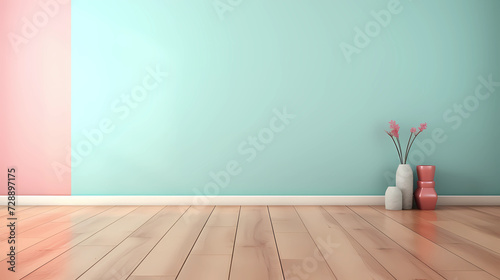 Empty green cement wall and wood floor background for product display montage, White concrete and wooden room backdrop template