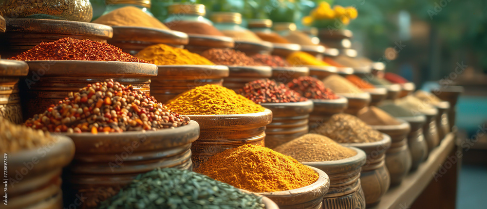 Fototapeta premium a display of various types of spices in baskets