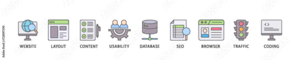 Web design icon set flow process illustrationwhich consists of coding, traffic, browser, usability, seo, database, content, layout, website icon live stroke and easy to edit Web design icon set flow process illustrationwhich consists of coding, traffic, browser, usability, seo, database, content, layout, website icon live stroke and easy to edit