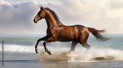 Brown horse running along a beach by the ocean.