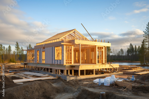 house Framed Construction, wooden house, inside construction site, wooden beams,