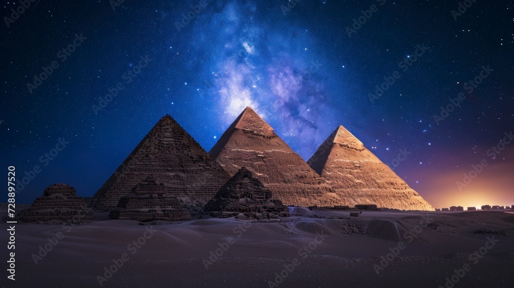 amazing pyramids of giza seen at night - obrazy, fototapety, plakaty 