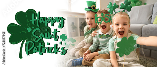 Festive banner for St. Patrick's Day celebration with happy children at home