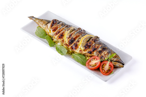 fried mackerel on a white background food photo 1