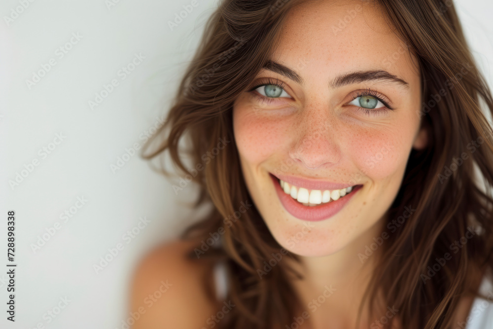 Portrait of beautiful naturally brunette woman, smiling and looking in camera with white teeth. Portrait of beautiful naturally brunette woman, smiling and looking in camera with white teeth.