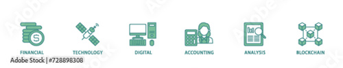 Fintech icon set flow process illustrationwhich consists of financial, technology, digital, accounting, analysis and blockchain icon live stroke and easy to edit 