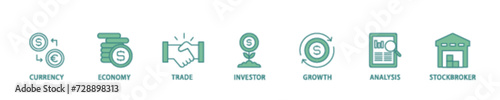 Forex icon set flow process illustrationwhich consists of currency, economy, trade, investor, growth, analysis and stockbroker icon live stroke and easy to edit 