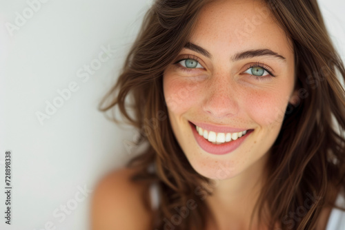 Portrait of beautiful naturally brunette woman, smiling and looking in camera with white teeth.