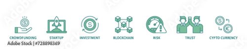 ICO icon set flow process illustrationwhich consists of crowdfunding, startup, investment, blockchain, risk, trust and cypto currency icon live stroke and easy to edit 