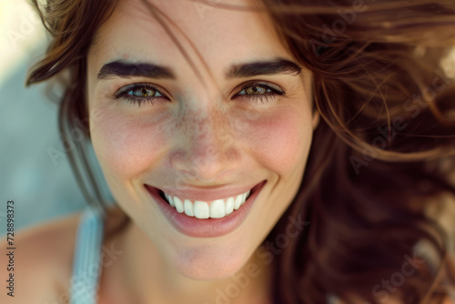Portrait of beautiful naturally brunette woman, smiling and looking in camera with white teeth.