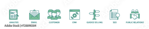 Inbound marketing icon set flow process illustrationwhich consists of analysis, email, customer, crm, guided selling, seo and public relations icon live stroke and easy to edit 