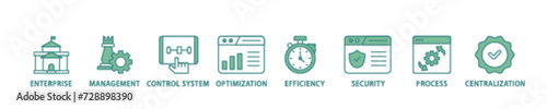 Industrial control system icon set flow process illustrationwhich consists of enterprise, management, control system, optimization, efficiency icon live stroke and easy to edit 