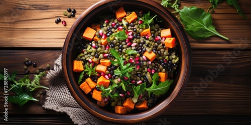 Vegan winter salad with sweet potatoes, lentils, berries, and herbs in rustic bowl on wooden table, above view, space to copy.