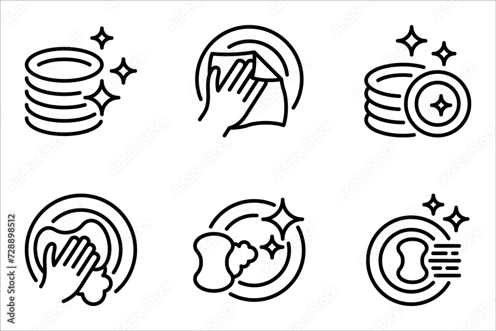 Cleaning dishes line icon set. Dishwasher sign. Clean tableware sign. vector illustration on white background Cleaning dishes line icon set. Dishwasher sign. Clean tableware sign. vector illustration on white background