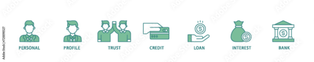 Microcredit icon set flow process illustrationwhich consists of personal, profile, trust, credit, loan, interest and bank icon live stroke and easy to edit 