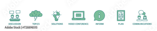 Meeting icon set flow process illustrationwhich consists of communications, topics, solutions, plan, inform and video conference  icon live stroke and easy to edit 