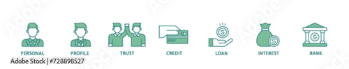 Microcredit icon set flow process illustrationwhich consists of personal, profile, trust, credit, loan, interest and bank icon live stroke and easy to edit 