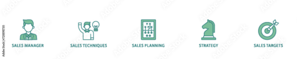 Sales management icon set flow process illustrationwhich consists of manager, sales techniques, planning, strategy, and targets icon live stroke and easy to edit Sales management icon set flow process illustrationwhich consists of manager, sales techniques, planning, strategy, and targets icon live stroke and easy to edit