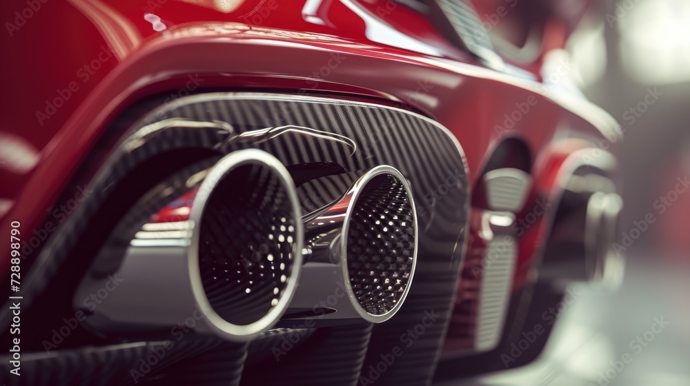 Close-up of brandless red super car exhaust pipes