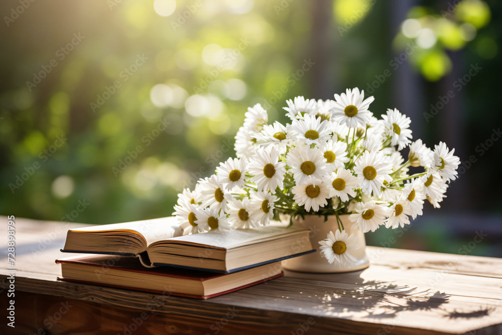 book sunny day, chamomile book, garden table, View Books, stack books book sunny day, chamomile book, garden table, View Books, stack books