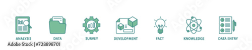 Research icon set flow process illustrationwhich consists of analysis, data, survey, development, fact, knowledge and data entry icon live stroke and easy to edit 