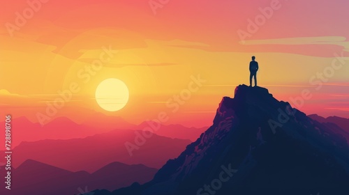 Silhouette of a human on the top of mountain, motivational and self-growth illustration for rising to the top of your possibilities, red gradient backdrop