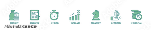 Sales growth icon set flow process illustrationwhich consists of financial, increase, economy, strategy, period, analytic, amount icon live stroke and easy to edit 