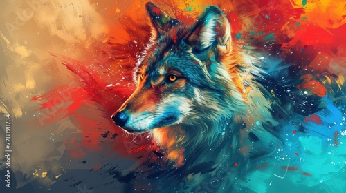 Portrait of a painted wolf against colourful abstract background © Prometheus 
