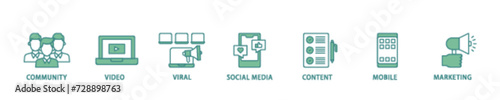 SMM icon set flow process illustrationwhich consists of community, video, viral, social media, content, mobile and marketing icon live stroke and easy to edit 