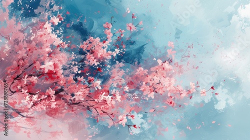 Abstract watercolor painted Japanese sakura against blury blue background photo