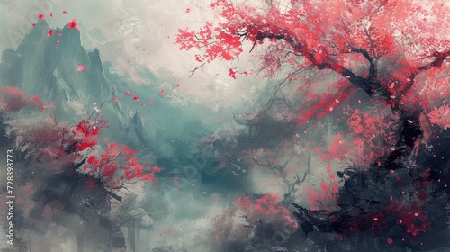 Abstract watercolor painted Japanese sakura against blury gray background