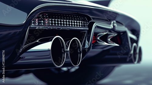 Close-up of brandless black super car exhaust pipes