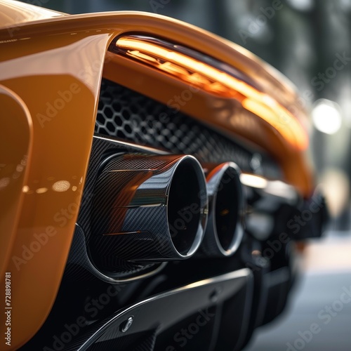 Close-up of brandless orange super car exhaust pipes