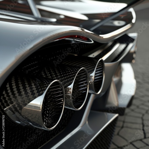 Close-up of brandless gray super car exhaust pipes