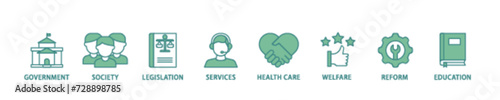 Social policy icon set flow process illustrationwhich consists of education, reform, services, welfare, health care ,legislation, society, government icon live stroke and easy to edit 