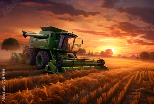 harvester field  combine harvester  summer sunset  soybean field  Process gathering ripe crop  combine working