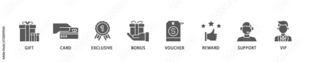 Loyalty program banner web icon illustration concept with icon of vip, support, bonus, reward, voucher, exclusive, card, gift icon live stroke and easy to edit Loyalty program banner web icon illustration concept with icon of vip, support, bonus, reward, voucher, exclusive, card, gift icon live stroke and easy to edit